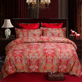 Softta Luxury European Floral Bedding Bohemian Queen 3 Pcs Damask Paisley Pattern Baroque Duvet Cover Sets 100% Egyptian Cotton 1000 Thread Count Burgundy red and Gold Hypoallergenic