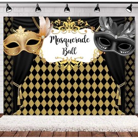 Masquerade Ball Photography Backdrop Dance for Party Decorations Black and Gold Masks Photo Background Dress-up Photo Booth 8×6 feet Vinyl Backdrop