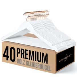 HOUSE DAY Wooden Clothes Hangers, 40 Wooden Clothes Hangers, White Coat Hangers for Suits, 360° Rotating Hook in Rose Gold, Non-Slip, Notches in the Shoulder Area