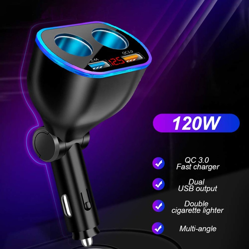 Car Charger Cigarette Lighter Splitter Adapter,120W QC3.0 Dual USB Car