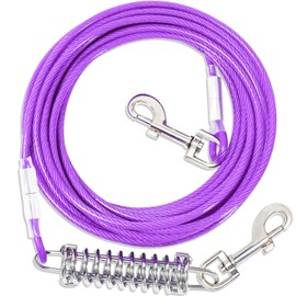 Purple Upgraded Dog Tie Out Cable Leash with Spring,360° Metal Swivel Hooks, Steel Wire Dog Cable with Durable Superior Clips for Outside Use, 9m