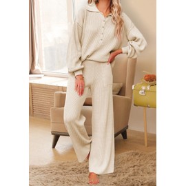 Pink Queen Women's 2 Piece Jogger Set Oversized Ribbed Knit Button Sweater Top Long Pants Tracksuit Pajama Set Beige S