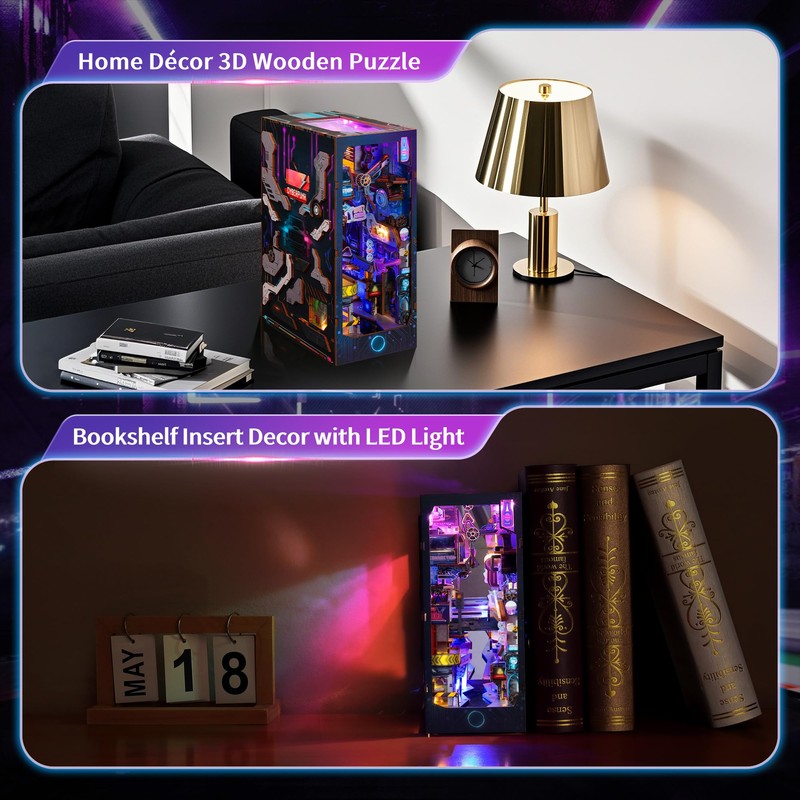FUNPOLA 3D Wood Puzzle Book Nook Kit, Futuristic Miniature Bookshelf