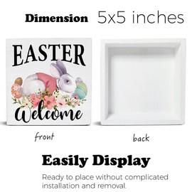 Easter Decor Bunny Wooden Sign, Easter Decorations for the Home, Rustic Wooden Plaque Block Sign Home Decor 5 x 5 Inches