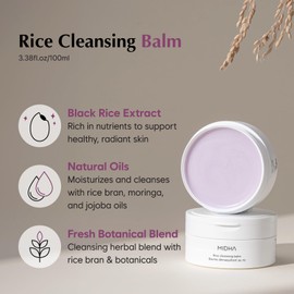 MIDHA Rice Cleansing Balm, 3.38fl.oz/100ml, Deep cleansing, Moisturising, Gentle makeup remover, Balm to oil formula, daily facial wash, Hydrating, Vegan