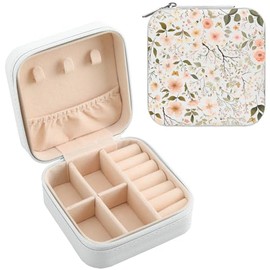 MAYCARI White Leather Square Travel Makeup Bag Floral Art Flowers Leather Makeup Case Portable Jewelry Organizer Case for Women Daughter Mother Birthday Christmas Gifts