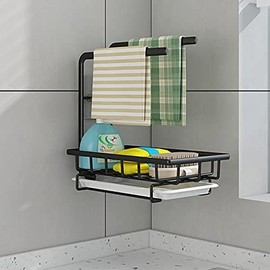 Klivien - Stainless Steel Dish Drainer Sink Organiser Kitchen Shelf with Towel Holder Towel Holder No Drilling Black