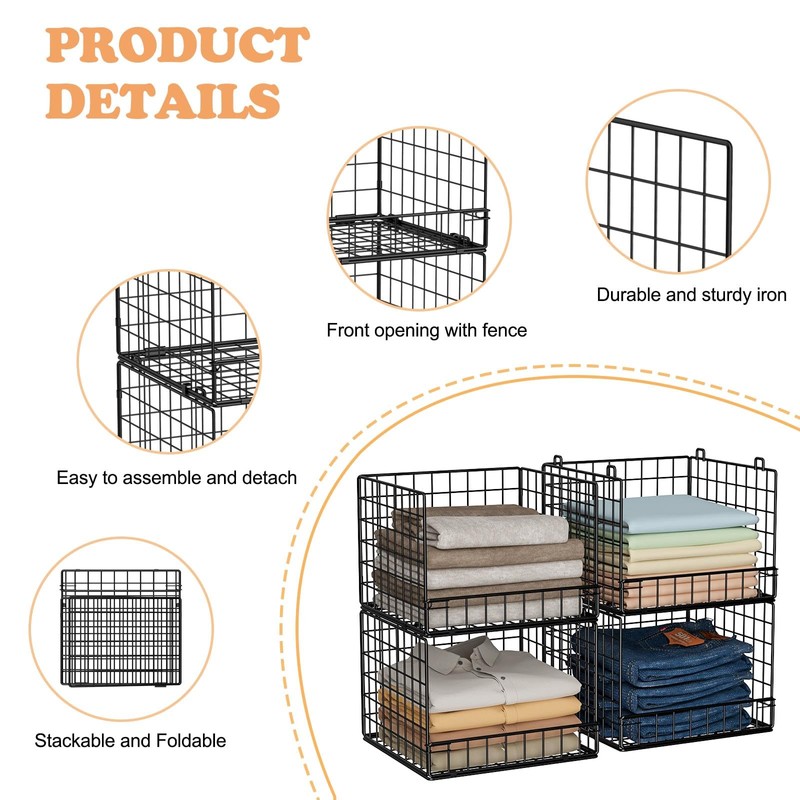 Stackable Closet Organizers and Storage Baskets, 4-Tier Closet Shelf Organizer