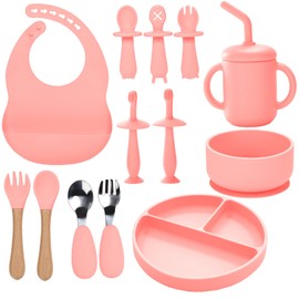 Silicone Baby Feeding Set,13PCS Baby Feeding Essentials with Suction Bowl and Plate,Spoons & Forks,Bib & Cup,Baby Toothbrush,Baby Led Weaning Supplies for 6+ Months,Baby Eating Essentials (Pink)