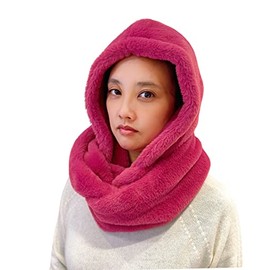Lina & Lily Faux Fur Hood & Infinity Scarf Combo Winter Head Neck Wrap for Women (Dark Pink)