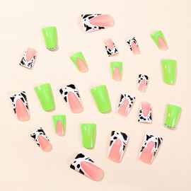 FIEONCIY Press on Nails Duck Shape Glossy Full Cover Medium Acrylic French False Nails with Designs Artificial Duck Fake Nails with Charms Glue ons Nails Stick on Fingernails for Women(A30410)