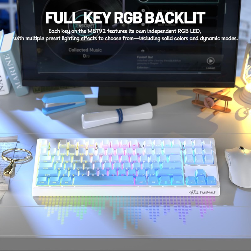 Free wolf M87 V2 87 Keys Membrane Gaming Wireless Keyboard,80%