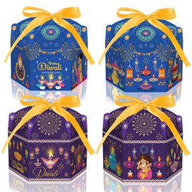 ALIBBON 12 Pcs Happy Diwali Gift Boxes, Diwali Party Supplies Boxes with Packing Ribbons, Diwali Party Square Boxes for Gifts Candy Snacks, Blue Purple Favor Boxes for Diwali Party Decorations