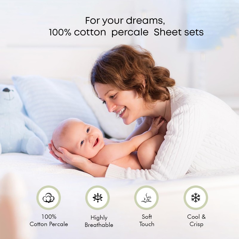 LINENWALAS Single Fitted Sheet with Pillowcase, 100% Cotton Percale Deep