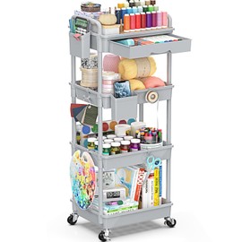 EaseSky 4 Tier Rolling Utility Cart with Drawer, Utility Storage Organizer with Plastic Shelf & Lockable Wheels Multifunctional Storage Cart for Kitchen, Bathroom, Office, Living Room, Gray