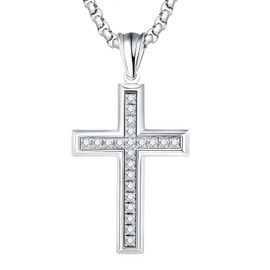 Deerllia Cross Necklace for Men Stainless Steel Crucifix Pendant Silver White Gold Beveled Edge Jesus Christ Plain Simple Women Fine Jewelry Gifts with Zirconia, 24 Inches Rolo Chain