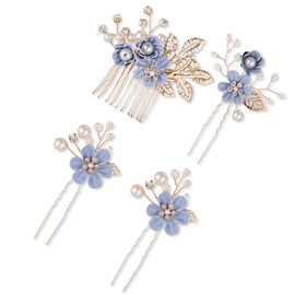 Set of 4 Wedding Hair Accessories, Wedding Blue Hair Accessories, Bridal Hair Accessories with Pearls, Wedding Flowers, Hair Accessories, Girls Hair Accessories for Bridesmaids, Communion, Prom Party