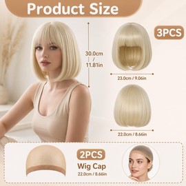 Blonde Bob Wig For Women, Short Fringe Style With 2 Wig Caps