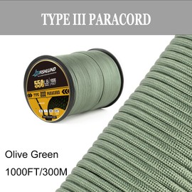 FISHLUND Paracord 550 lb, 7 Strand Type III Paracord Rope 1000ft 4mm, High Strength Nylon Parachute Cord for Camping, Survival, Tactical and Hiking, Olive Green
