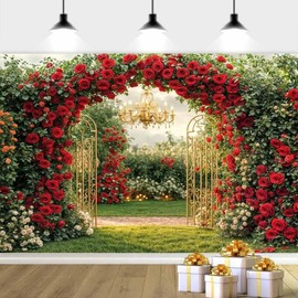 7X5ft Red Rose Background Floral Backdrop, Romantic Red Rose Spring Photography Backdrop Floral Wall Background for Weddings Bridal Showers Anniversary Party Photo Booth Props, Red-1