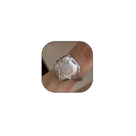 Silver Liquid Metal Pearl Rings, Irregular Baroque Water Texture Statement Rings, Fashionable Adjustable Charm Jewelry Gifts for Women (AA)