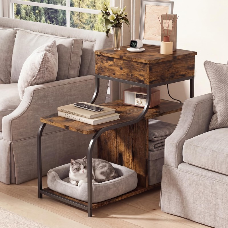 End Table with Charging Station, 3-Tier Sofa Side Table Sliding