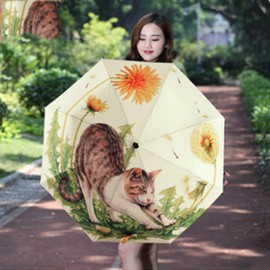 Portable Folding Automatic Umbrella Telescopic Lightweight Compact Travel Sun Umbrellas Parasol Windproof, Rainproof & 99% UV Protection with Black Anti-UV Coating, UPF 50+ (cat)