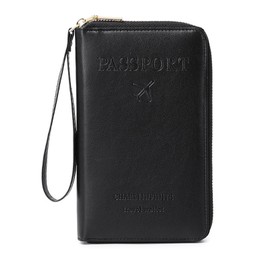 DAITET Passport Holder PU Leather Wallet for Men & Women, RFID Blocking Travel Wallet, Passport Holder Card Slots Document Organizer Wrist Strap (Black)