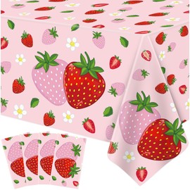 4 Pack Strawberry Tablecloth Pink Strawberry Birthday Party Decorations Berry Sweet One Disposable Table Cloth Fruit Theme Party Table Covers for Girls Strawberry Party Baby Shower Supplies 51X86 in