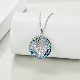 YFN 60th Birthday Gifts for Women, Tree of Life Necklace Sterling Silver with Blue Crystal, Mother's Day, Christmas Ornaments, Gifts for Mom and Wife, Sterling Silver