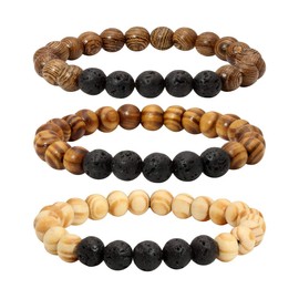Eigso 3 Pcs Woodern Beaded Wenge Bangle for Women Men Lava Rocks Buddhist Tibetan Prayer Wristbands for Man Woman