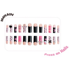 IMRAIN Long Press on Nails Square Fake Nails Pink Black French Tips Nails with Cute Charms & Diamonds Cross Designs Y2K Star Glossy Glue on Nails Full Cover Squoval Artificial Stick on False Nails