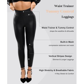 Popilush Shapewear Leggings Leather Pants - Faux Leather Leggings for Women Tummy Control Hight Waisted Pleather Pants