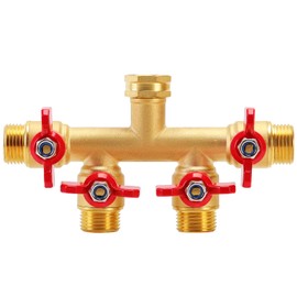 FINEST+ 4 Way Brass Hose Splitter, Solid Brass High Volume 4 Way Hose Splitter Valve with Metal Handle, Hose Connector 3/4", Hose Spigot Adapter 4 Valves with 4 Extra Rubber Washers