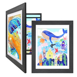 KINLINK 9x12 Kids Art Frames Set of 2, Solid Wood Kids Artwork Frames Changeable with Acrylic Front Opening Holds 150 Pictures, Art Frames for Kids Artwork with Mat or without Mat, Black
