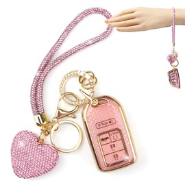YIKECASE Key Fob Cover with Diamond Heart Keychain Car Key Holder Compatible with 2016-2022 Honda Accord Civic CRV Pilot Ridgeline Passport Remote Key Protector for Women, 5 Buttons (Pink-Wrist Rope)