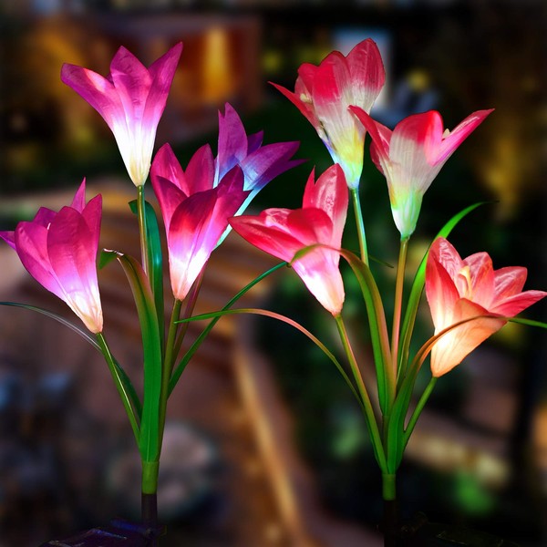 Doingart Outdoor Solar Garden Lights - Upgraded Solar Flower Lights, Multi-Color Changing Lily Flower Lights for Patio,Yard Decoration, Bigger Flower and Wider Solar Panel (2 Pack, Purple and Pink)