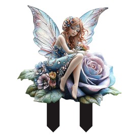 ANNUOZE Colorful Fairy Garden Stake Decor, 2D Flat Acrylic Flower Elf Garden Sign, Indoor Outdoor Yard Lawn Pot Plants Magic Decorative Accessories (Blue Rose Fairy)