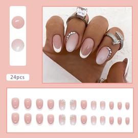 24Pcs Press on Nails Almond,Pink False Nails with Designs Rhinestones, Almond Shaped Press on Nails, Fake Nails French Tip Nails Artificial Nails For Women Girls