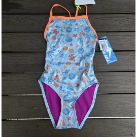 The Finals (TYR) TYR The Finals Womens Under The Sea Foil Flutterback Swimsuit Blue Orange 36 New