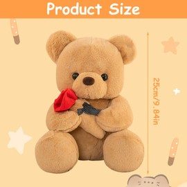 Valentine's Day Gifts for Kids, Teddy Bear, Valentine's Day Stuffed Toy with Rose, 25cm Soft Fabric Bear Plush Toy, Birthday Valentine's Day Gifts for Him Girlfriend Boyfriend (Brown)