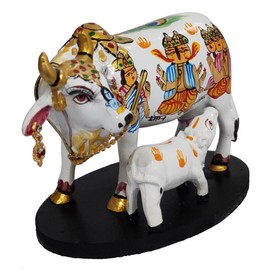 Purpledip Resin Idol Kamdhenu Wish Cow & Calf: Hindu Gods Painted Good Luck Statue, Multicolor,Medium (10104)
