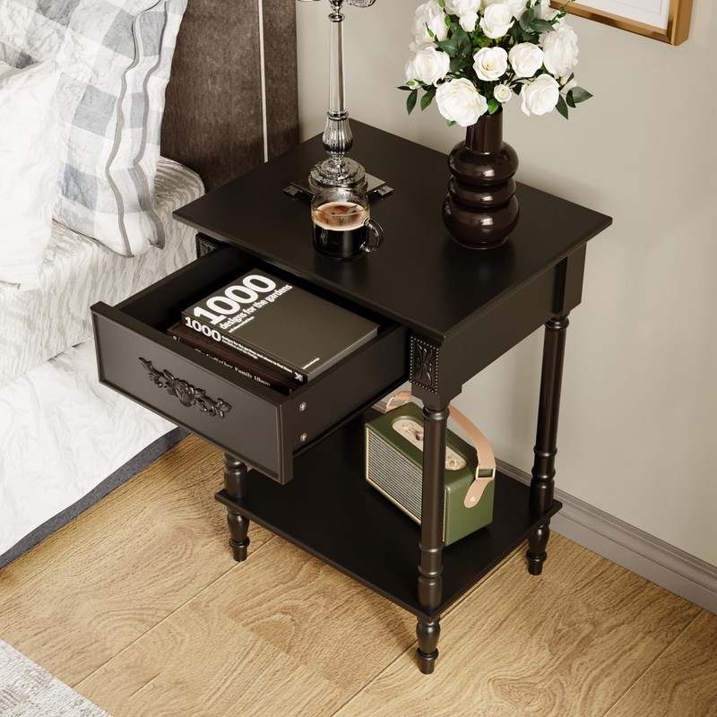 WOODTIME Vintage Nightstand with Storage Drawer and Open Shelf, Carved