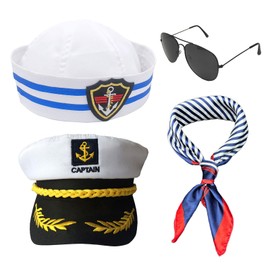 SKHAOVS 4Pcs Captain Sailor Set Captain Sailor Costume Navy Sailor Hat Boat Navy Hat Captain Hat Sailor Ship Cap Scarf Sunglasses Captain Sailor Dress Up Party Costume for Kids Adult Men Women(4Pcs)