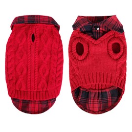 CITÉTOILE Warm Dog Jumper with Plaid Pattern, Turtleneck & Leash Holes - Winter Puppy Clothes for Small/Medium/Large Dogs, Cat Jumper for Christmas, Red, S