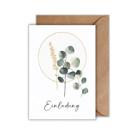 WBdesignz Wedding Invitation Card with Envelope - Invitation Card for Wedding Party Gold Ring Eucaliptus Decorative Branch Floral Wedding Couple Love Engagement Wedding Card (DIN A6) Pack of 10