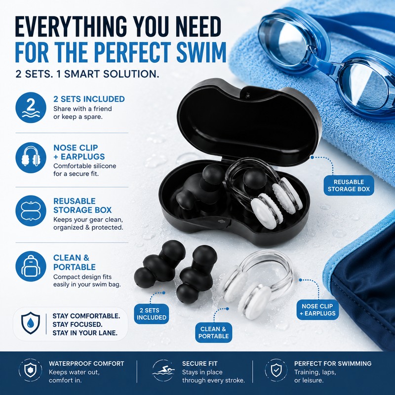 Swimming Earplugs & Nose Clip Set for Adults – Reusable