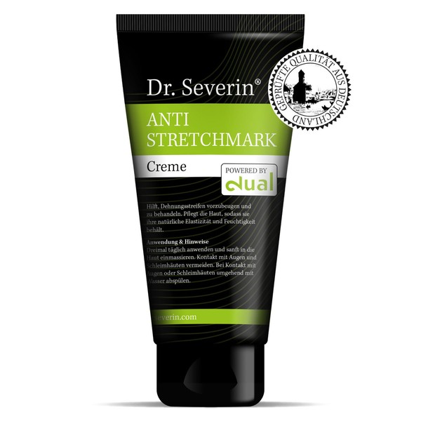 Anti-Stretch Solution: Dr. med. Severin® Stretch mark Cream powered by dual. Prevent + remove stretch marks during muscle building + pregnancy, effective ointment against stretch marks, innovative.