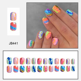 Bright Summer Press on Nails Short Square,Blooming gel Rainbow Fake Nails Colorful False Nails Press ons with Design,Reusable Artificial Nails Full Cover Stick on Nails for Women Manicure 24 Pcs