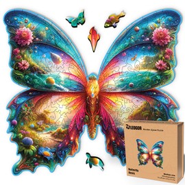 LEOGOR Wooden Puzzles for Adults - Butterfly Oasis - (200 Piece, Medium, 12.2 x 11.4 in) - A Vibrant Fantasy of Flowers, Birds and Animal Shaped Wood Jigsaws